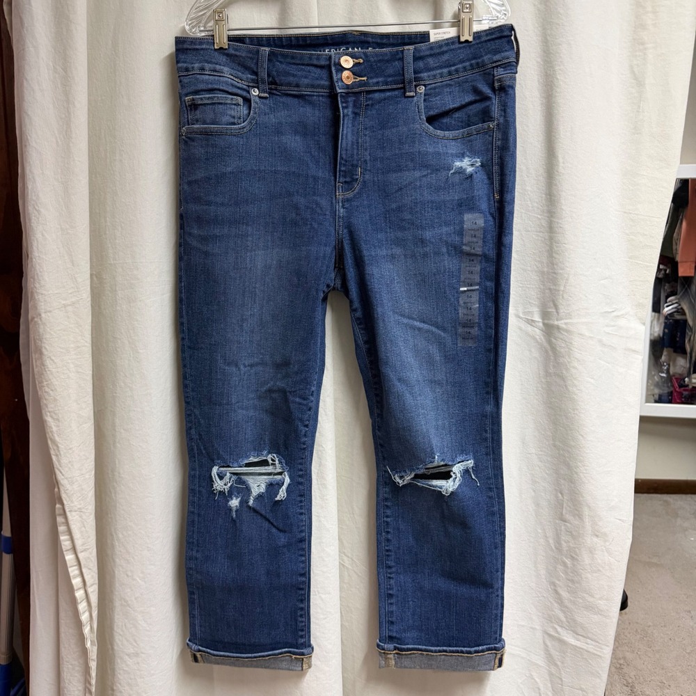 American Eagle Artist Crop Super Stretch Distressed Jeans 14 Darkest Dazzler NEW